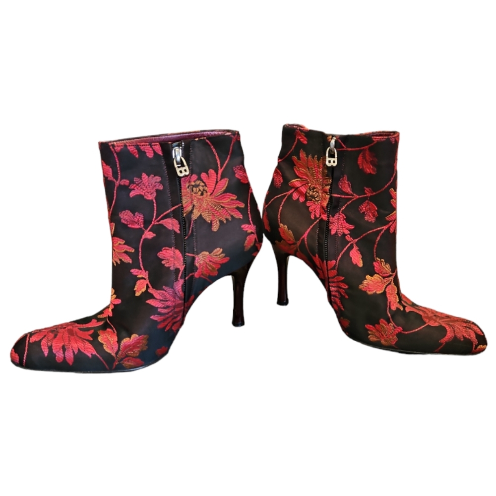 Bally Black & Red Floral Zip Up Ankle Boot Size 5